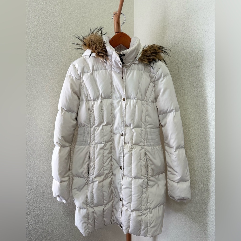 G.H. Bass & Co. Ivory Puffer Coat Jacket with Brown Faux Fur Trim Women’s Size M